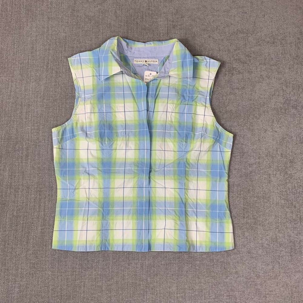 Tommy Hilfiger blue and green plaid button-up shirt